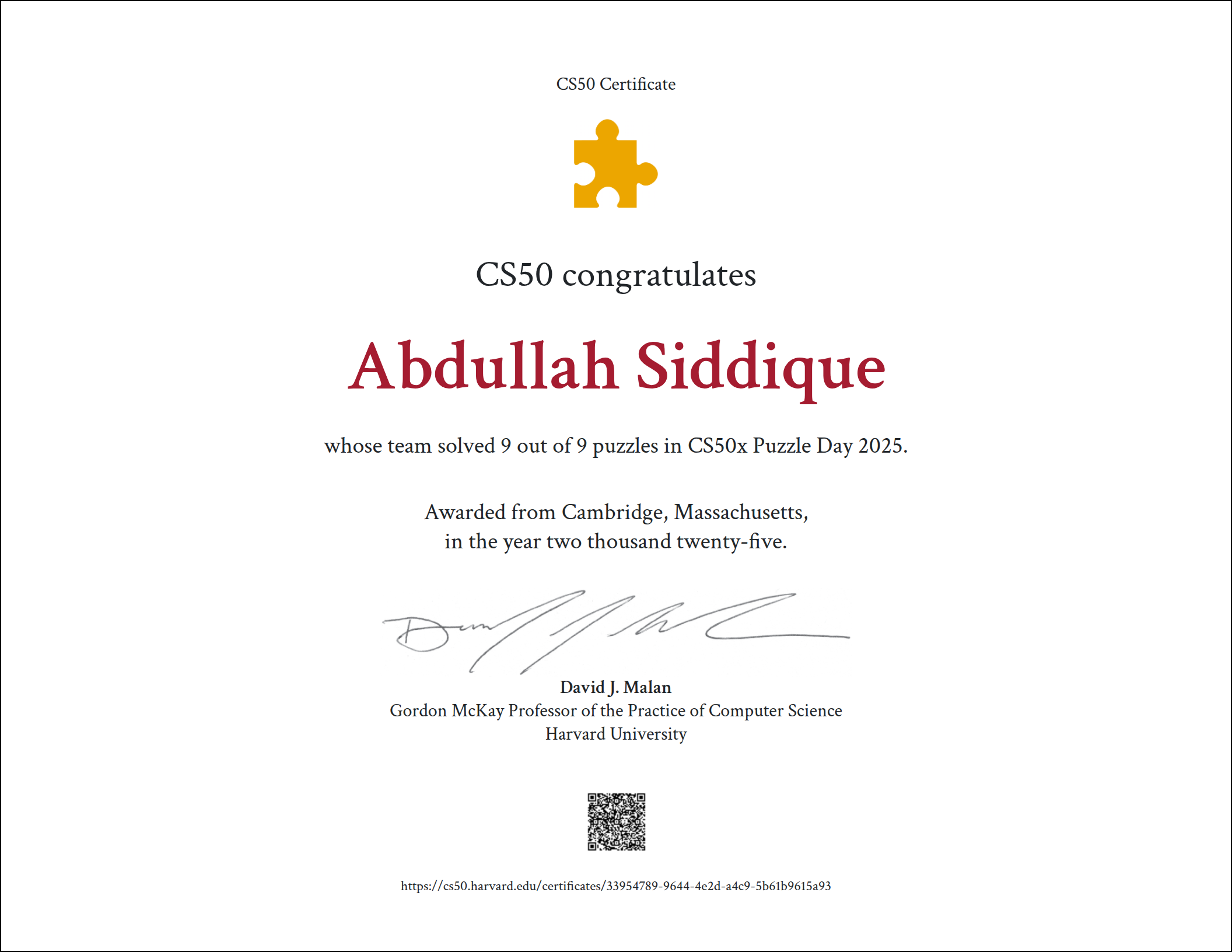 Harvard csx50 Puzzle Winner